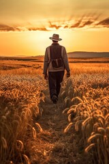 Fototapeta premium A man with a cowboy hat walking in a wheat field at sunset in nature sense of freedom Generative AI Illustration