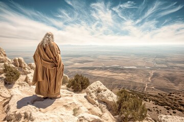 Fototapeta na wymiar Moses sitting on the Nebo hill watching from afar the promised land Generative AI Illustration