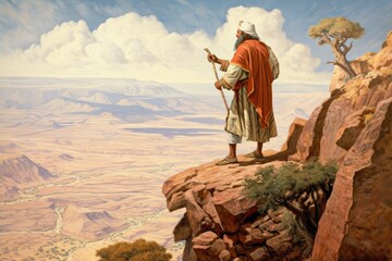 Moses sitting on the Nebo mount watching from afar the promised land Generative AI Illustration - obrazy, fototapety, plakaty