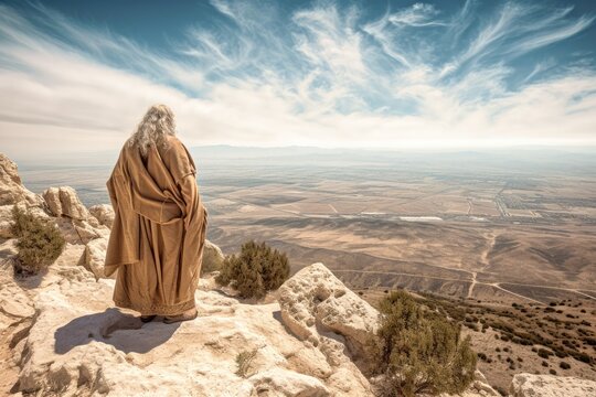 Moses sitting on the Nebo hill watching from afar the promised land Generative AI Illustration
