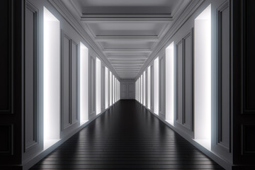 Fototapeta premium Illuminated corridor interior design. Empty Room Interior Background, creative ai