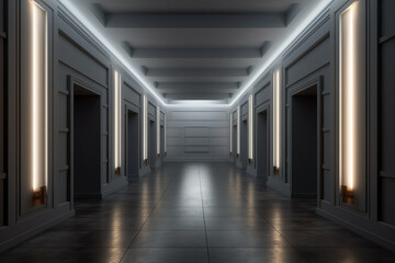 Fototapeta premium Illuminated corridor interior design. Empty Room Interior Background, creative ai