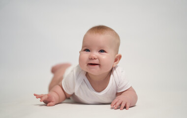 Smiling Newborn Baby on White Background