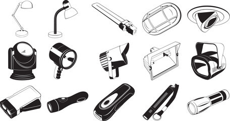 Collection of smooth vector EPS illustrations of various lighting equipment - obrazy, fototapety, plakaty