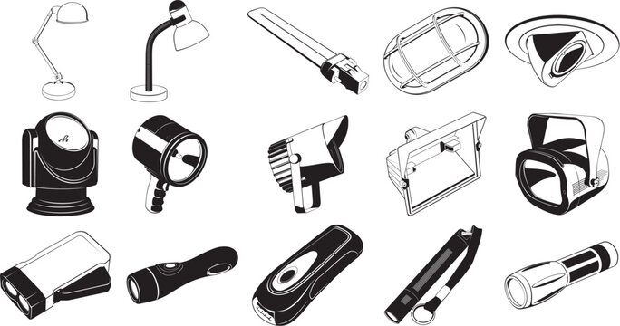 Collection of smooth vector EPS illustrations of various lighting equipment