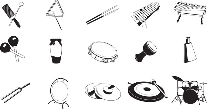 Collection of smooth vector EPS illustrations of various percussion instruments
