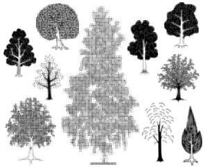 Editable vector illustrations of various halftone trees