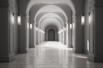 Obraz premium Illuminated corridor interior design. Empty Room Interior Background, creative ai