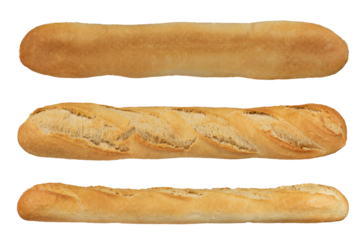 White French baguette, long bread, isolate. Set of white baguettes from different sides on a white isolated background. Top, side, bottom view.