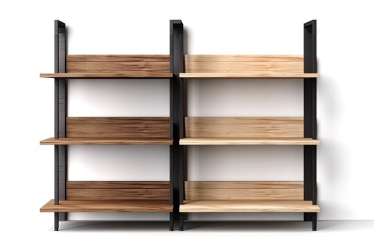 Angled view of wooden shelves with metal bases. Modern, empty racks in a loft design for a room in a house or workplace. mockup of a bookshelf with storage, isolated on white. Generative AI