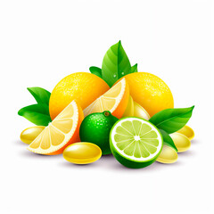 Vitamin C pills with lemon, lime, orange fruits on white background, lemon and lime cut in half and into slices, vector and cartoon