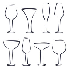 Set of silhouettes glass empty glasses isolated. Glassware of different forms for alcohol beverage and cocktail. Utensils for champagne, wine, Brandy, Whiskey, Cognac, Gin. Vector flat illustration