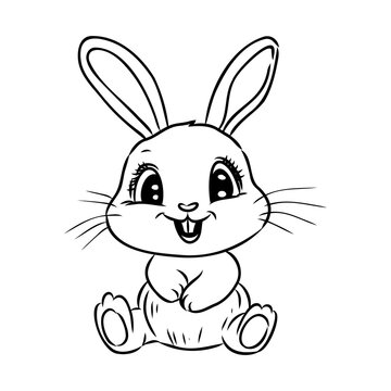 Cute outline rabbit, bunny for coloring. Rabbit Bunny Cartoon Outline Coloring Book or page for kids. Happy Easter in doodle style. Illustration Vector.