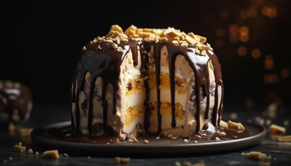 Indulgent chocolate dessert on wooden plate generated by AI