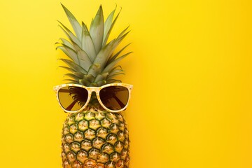 Fashion. Pineapple hipster in sunglasses, stylish fruit. Minimal concept, summer tropical pineapple. Creative art fashionable vacation concept. Summertime color mood, pineapple fruit. Generative AI