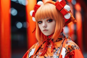 Fototapeta premium Japan anime cosplay portrait of girl with comic costume with japanese theme, y2k, fashion. Generative AI