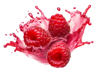 Fotobehang Raspberries in juice splash isolated on a white and transparent background, png © Medard