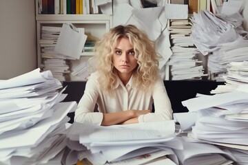 stressed, mad, migraine, Young business woman, office worker people working with stack of papers. Generative AI