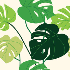 Seamless monstera pattern. Tropical leaves background. Vector stock illustration.