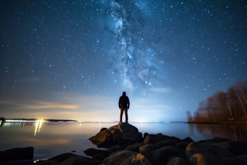 Silhouette man standing at lakeshore against starry sky. Generative AI