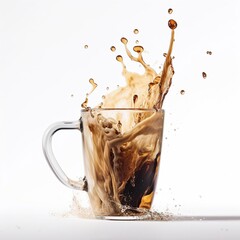 Iced coffee splashing out of mug white background 