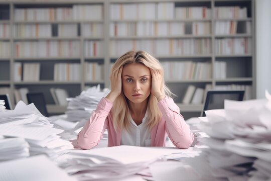 stressed, mad, migraine, Young business woman, office worker people working with stack of papers. Generative AI