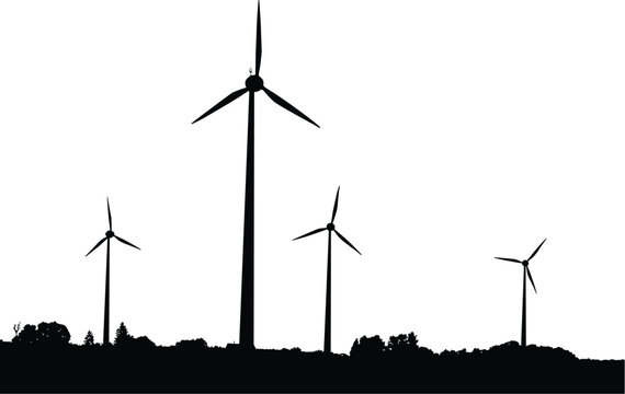 Vector silhouette of windturbines producing environment friendly energy