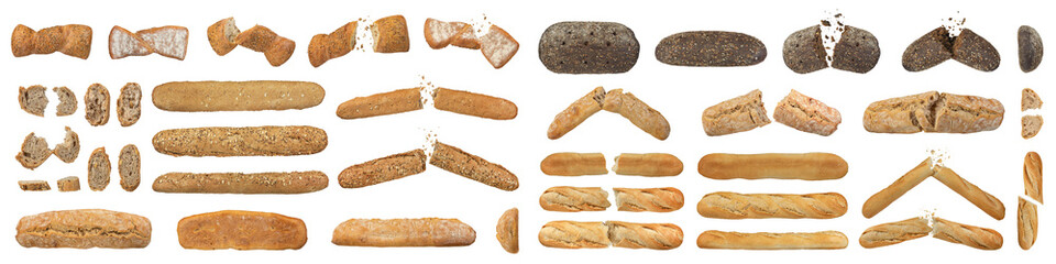 Many different loaves of bread, different varieties and shapes isolated on a white background. Full size loaves of bread, cut into slices or broken apart. Bread isolate for inserting into design.