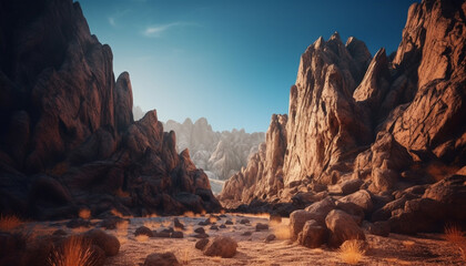 Majestic mountain range, eroded rock formation, tranquil scene generated by AI