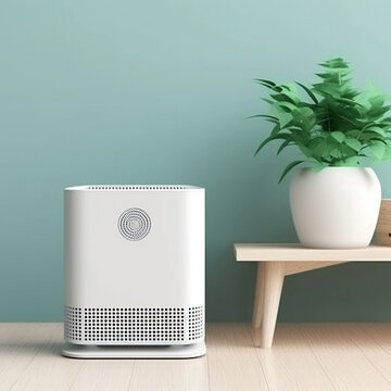 Modern Life with Air Quality Control: Mockup of Generic Air Purifier or AC Controller Unit in Bright Living Room, generative AI
