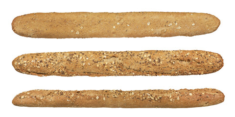 Whole grain rye French baguette, long bread, isolate. Set of rye baguettes from different sides on a white isolated background. Top, side, bottom view.
