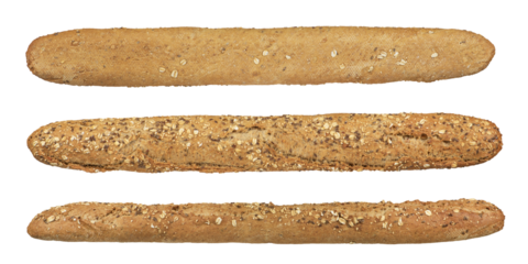 Whole grain rye French baguette, long bread, isolate. Set of rye baguettes from different sides on a white isolated background. Top, side, bottom view.