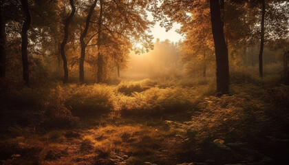 Vibrant autumn colors in tranquil forest meadow generated by AI