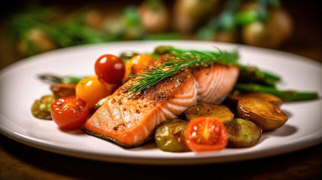 Golden seared salmon with roasted vegetables. A feast for the senses. Created with Generative AI