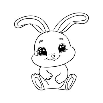 Cute outline rabbit, bunny for coloring. Rabbit Bunny Cartoon Outline Coloring Book or page for kids. Happy Easter in doodle style. Illustration Vector.