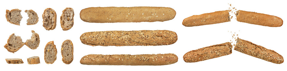 Set of rye whole grain french baguettes, long bread, isolate. A set crispy rye baguettes, cut into...