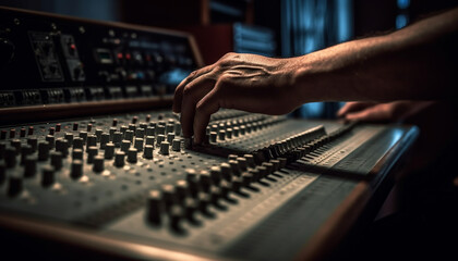 Expert sound engineer adjusts mixer knobs at night generated by AI