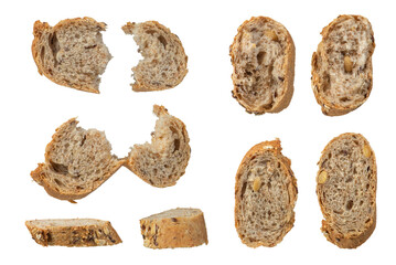 A set of whole grain rye baguette slices. Slices hang or fall on a white isolated background....