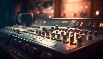 Electricity illuminates sound mixer knob in recording studio generated by AI