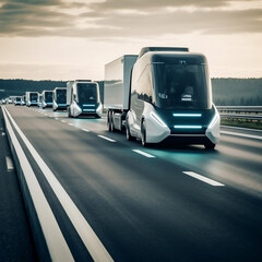 High-tech autonomous truck fleet on highway for futuristic transportation concepts, generative AI