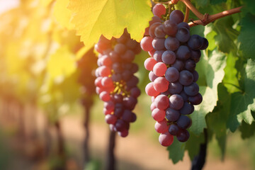 Bunches of ripe grapes on plants in vineyard. Generative AI.