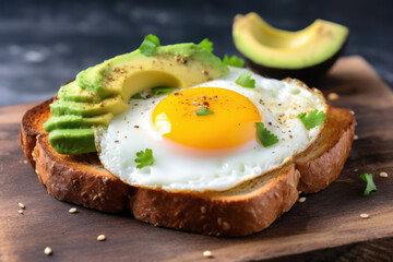 A piece of toast topped with slices of avocado, and on top of it a fried egg on top. AI