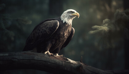 Fototapeta premium Bald eagle perched on branch, hunting prey generated by AI