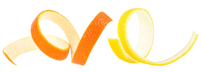 Orange and lemon peel in spiral form isolated on a white background. Citrus zest.