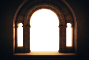 medieval palace stone window. Isolated PNG. Transparent background.