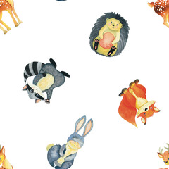 Kids watercolour seamless pattern with cartoon animals raccoon, hedgehog, fox, bunny, rabbit, deer. Hand drawn illustration isolated on white.