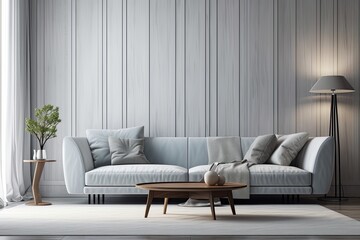 Background of interior living room with gray sofa against white wall and table light. Wooden wall and floor templates with textured design. Generative AI