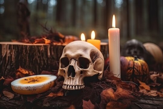 skull resting on a bed of autumn leaves next to a candle Generative AI