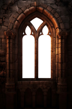 medieval cathedral window. Isolated PNG. Transparent background.