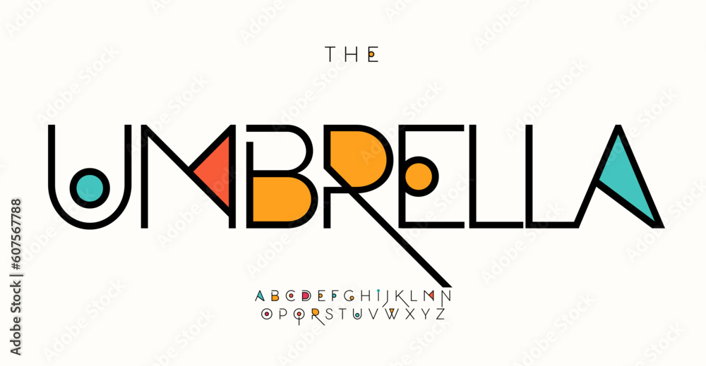 Poster playful futuristic alphabet with color spots and swash lines, abstract geometric font for technology